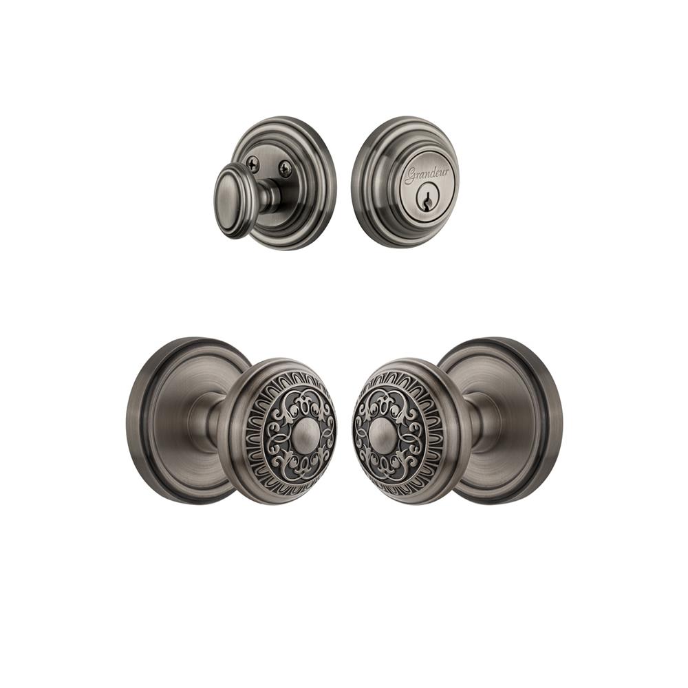 Grandeur by Nostalgic Warehouse Single Cylinder Combo Pack Keyed Differently - Georgetown Rosette with Windsor Knob and Matching Deadbolt in Antique Pewter